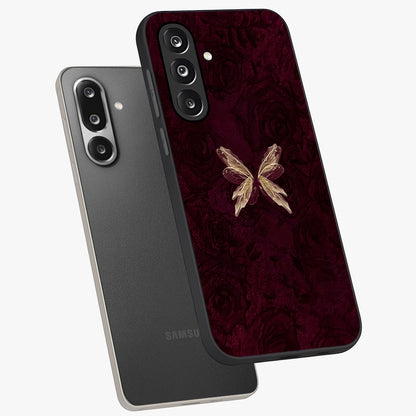 Crimson Fade Butterfly Glass Case displayed in angled mockup highlighting elegant butterfly design with crimson gradient aesthetic.