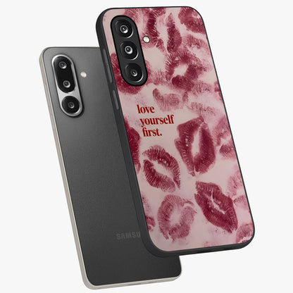 Crimson Kiss Love Glass Case displayed in angled mockup highlighting bold love inspired design with modern aesthetic style.