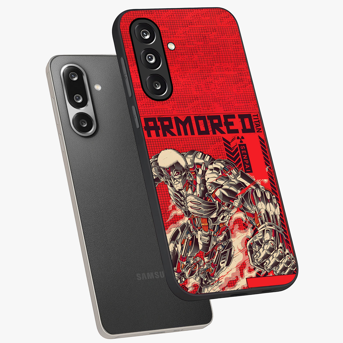 Crimson Mecha Titan Glass Case displayed in angled mockup highlighting futuristic mech illustration with bold crimson aesthetic.