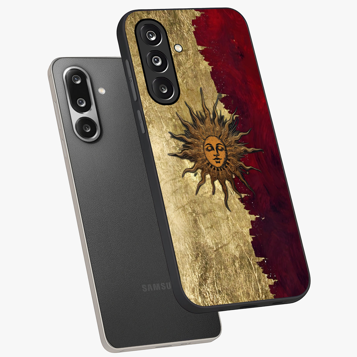 Crimson Sun Majesty Glass Case displayed in angled mockup highlighting majestic crimson sun design with bold aesthetic style.