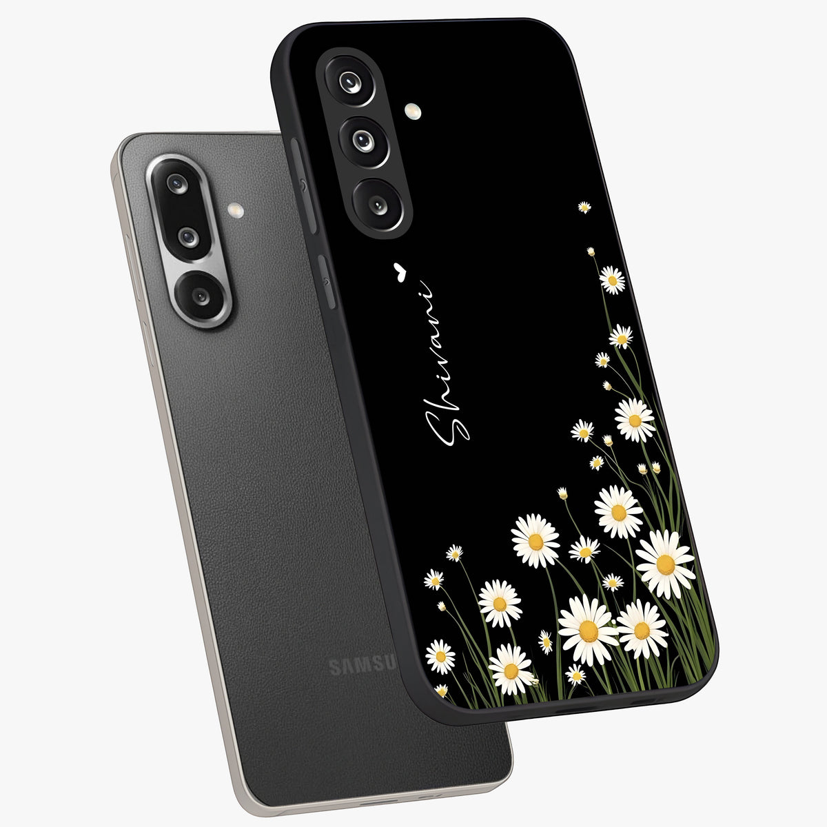Daisy Cascade Custom Name Glass Case displayed in angled mockup highlighting delicate daisy artwork with custom name feature.