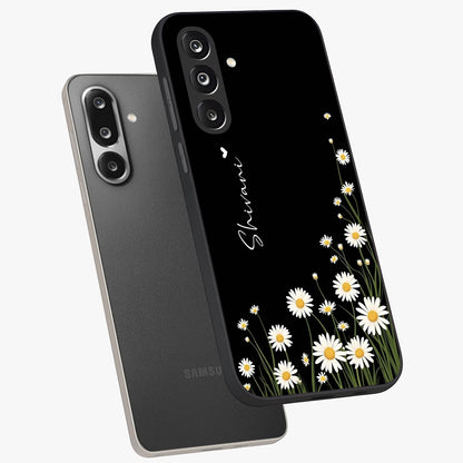 Daisy Cascade Custom Name Glass Case displayed in angled mockup highlighting delicate daisy artwork with custom name feature.