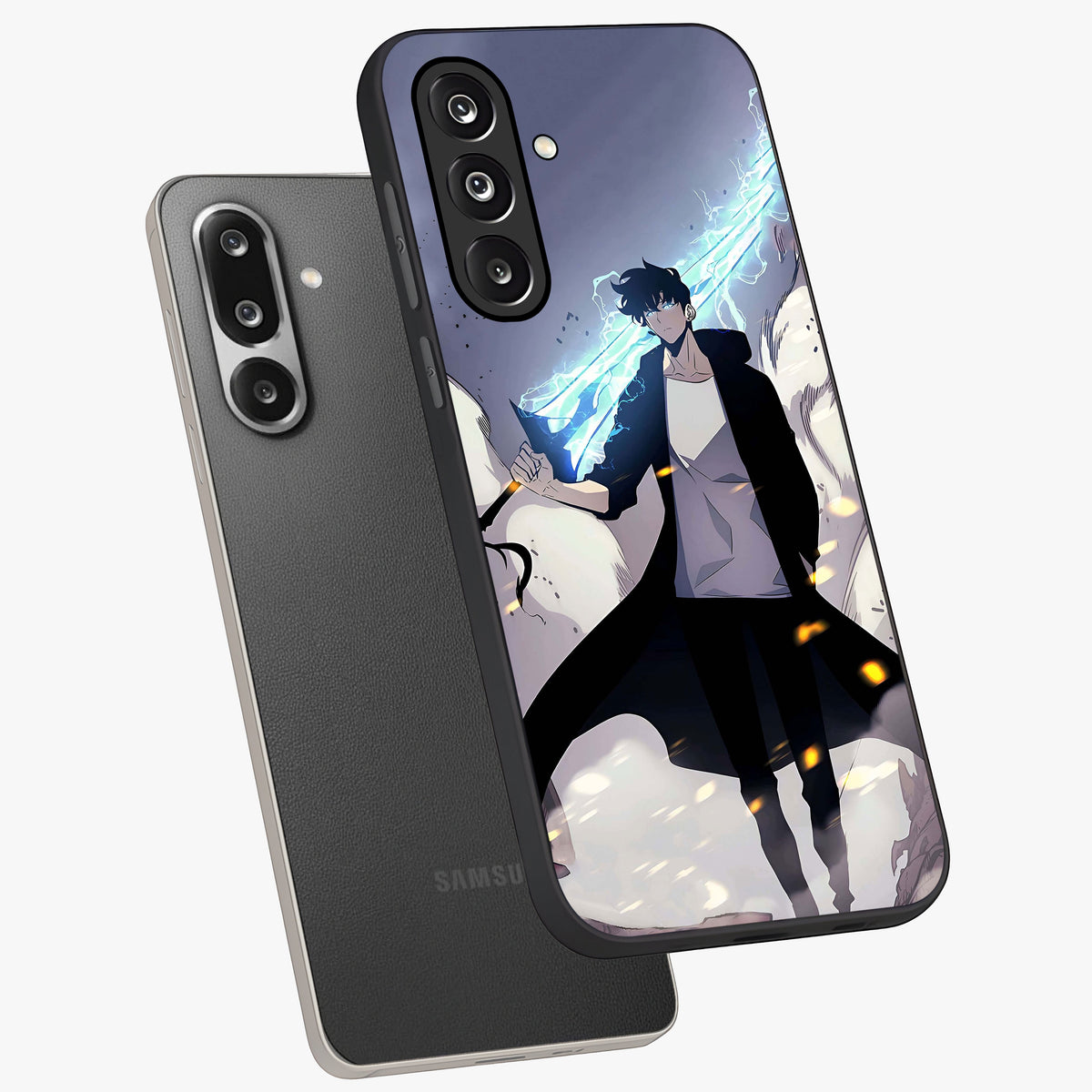 Dark Lightning Anime Warrior Glass Case displayed in angled mockup highlighting powerful lightning themed anime illustration.