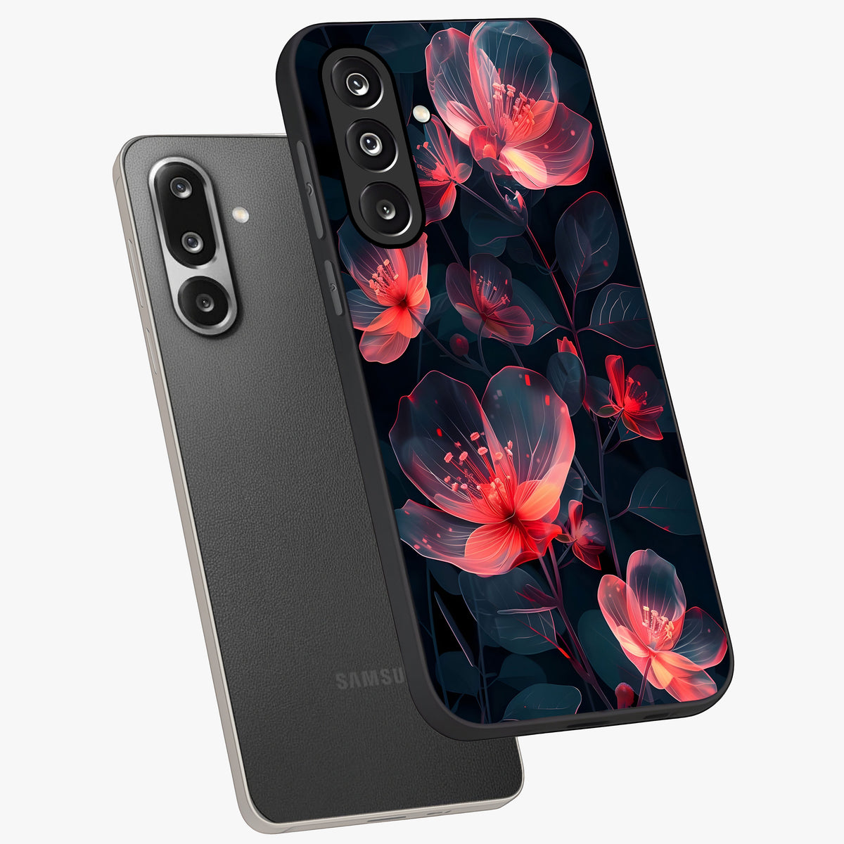 Dark Shade of Flower Glass Case displayed in angled mockup highlighting moody floral illustration with aesthetic dark tones.