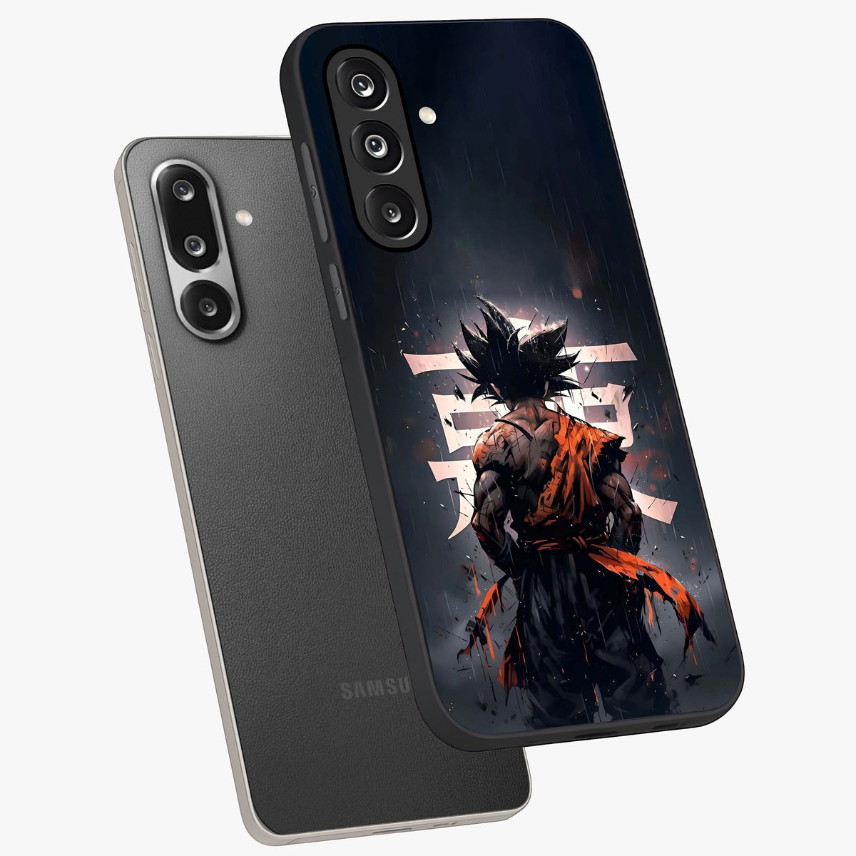 Dark Warrior In Rain Glass Case displayed in angled mockup highlighting dramatic warrior illustration with dark rain aesthetic.