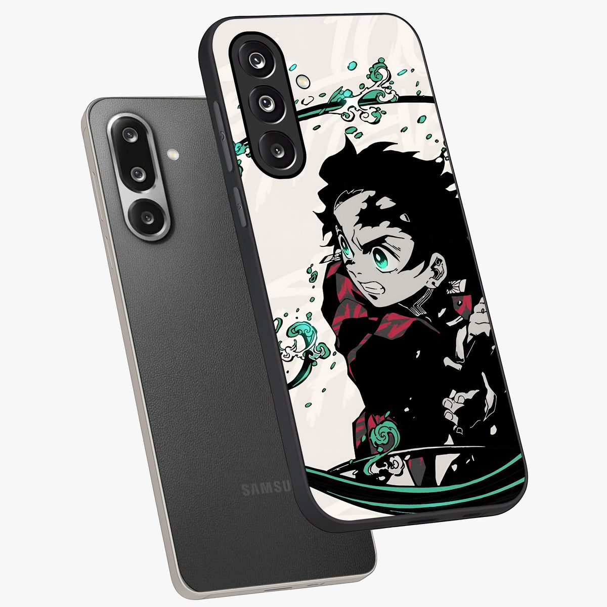 Demon Slayer Glass Case displayed in angled mockup highlighting dramatic anime character design with action aesthetic.