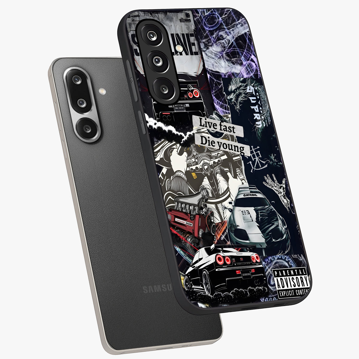 Die Young Glass Case displayed in angled mockup highlighting expressive graphic artwork with edgy aesthetic style.