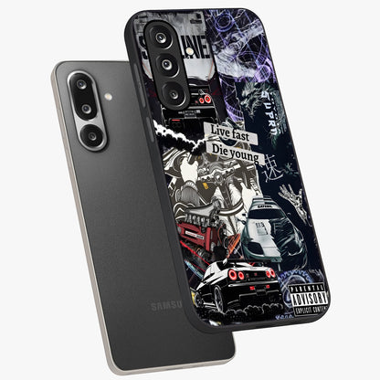 Die Young Glass Case displayed in angled mockup highlighting expressive graphic artwork with edgy aesthetic style.
