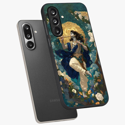 Divine Krishna Art Glass Case displayed in angled mockup highlighting spiritual Krishna illustration with devotional aesthetic.