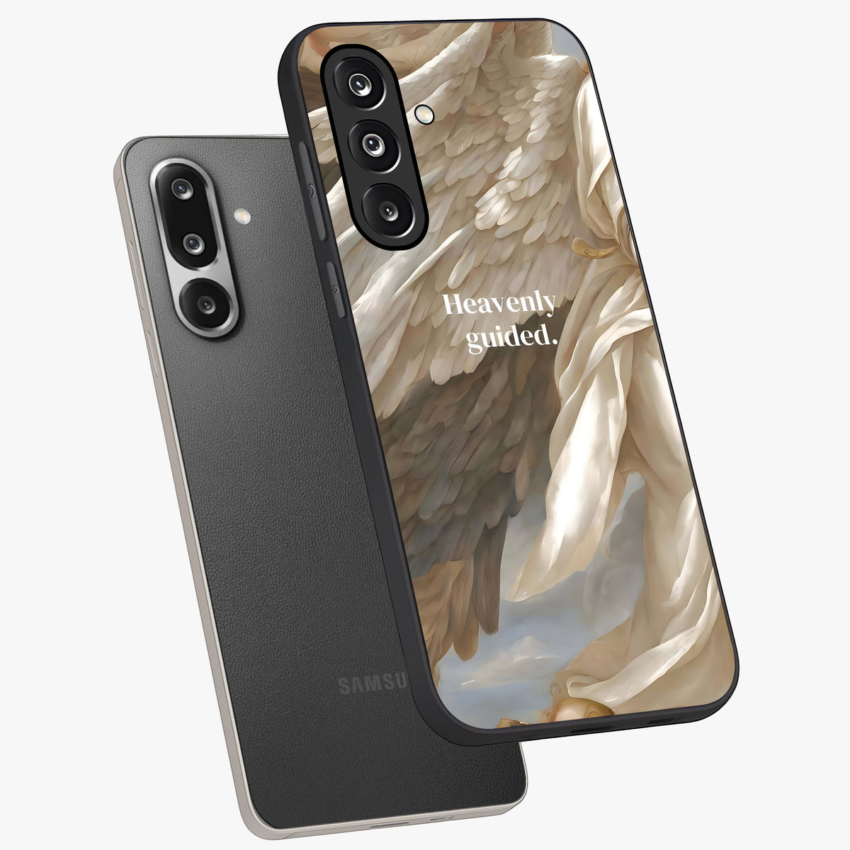 Divine Winged Grace Glass Case displayed in angled mockup highlighting graceful wing design with divine aesthetic style.