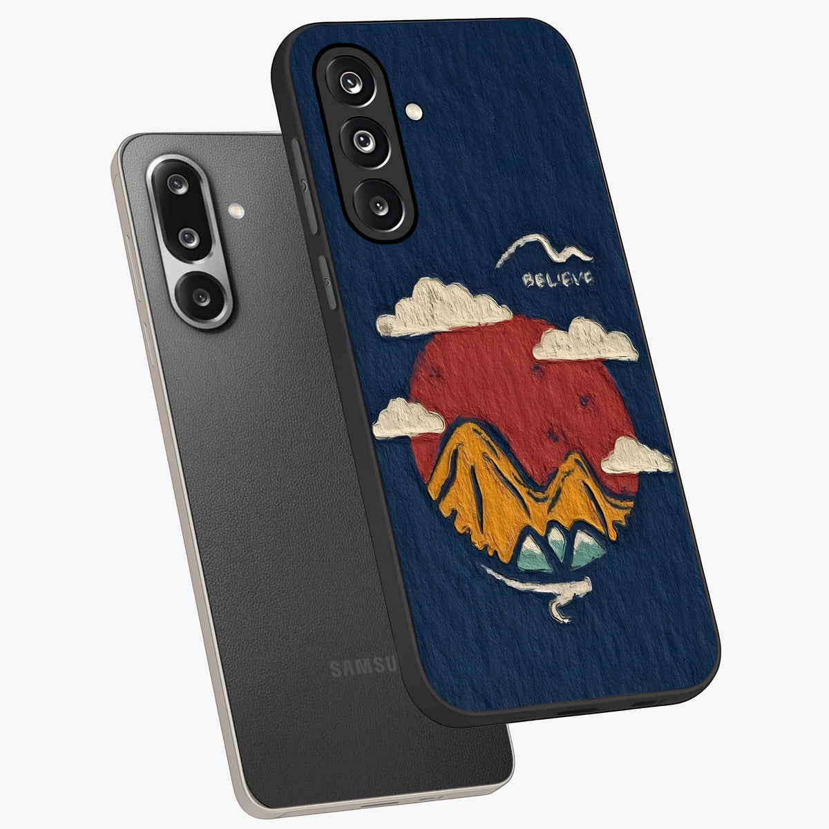 Dream Beyond Mountains Glass Case displayed in angled mockup highlighting dreamy mountain illustration with peaceful aesthetic.