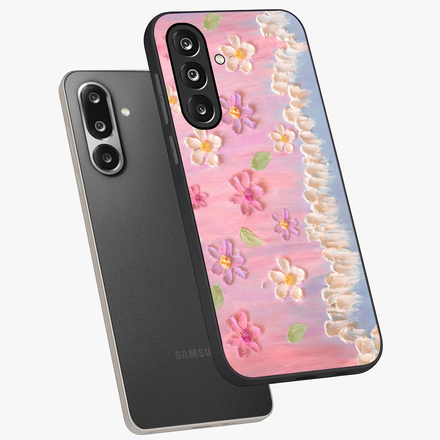Dreamy Painted Garden Glass Case displayed in angled mockup highlighting colorful garden illustration with dreamy aesthetic style.