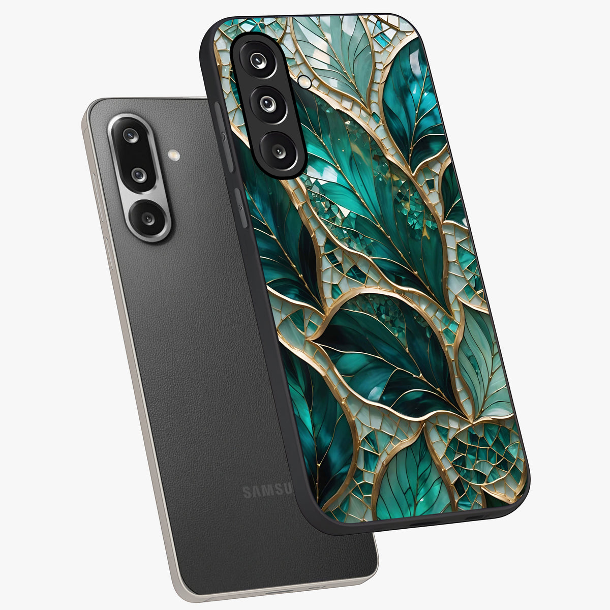 Emerald Leaf Glass Glass Case displayed in angled mockup highlighting botanical leaf illustration with elegant natural aesthetic.