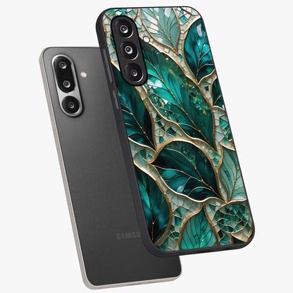 Emerald Leaf Glass Glass Case displayed in angled mockup highlighting botanical leaf illustration with elegant natural aesthetic.