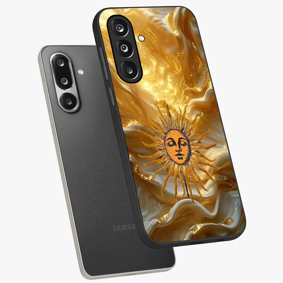 Eternal Golden Glow Glass Case displayed in angled mockup highlighting glowing golden aesthetic design with elegant style.