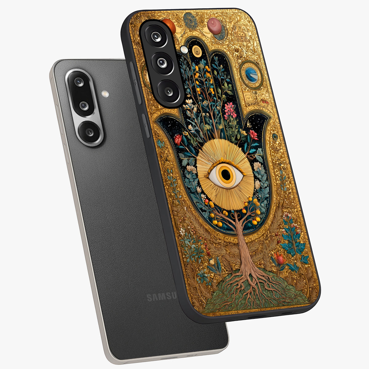 Ethereal Evil Eye Glass Case displayed in angled mockup highlighting protective evil eye symbol with spiritual aesthetic design.