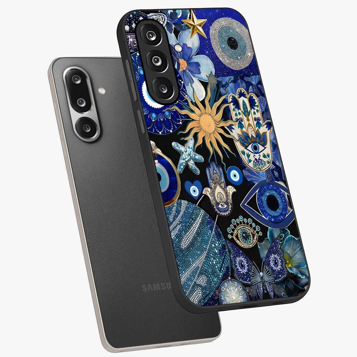 Evil Eye Charm Mix Glass Case displayed in angled mockup highlighting protective evil eye symbols with spiritual aesthetic design.