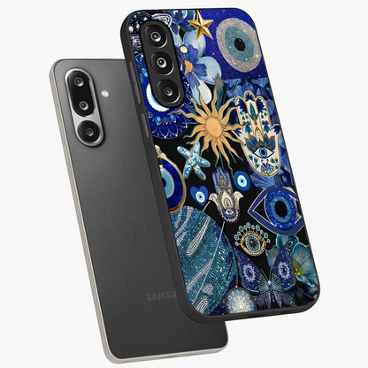 Evil Eye Charm Mix Glass Case displayed in angled mockup highlighting protective evil eye symbols with spiritual aesthetic design.