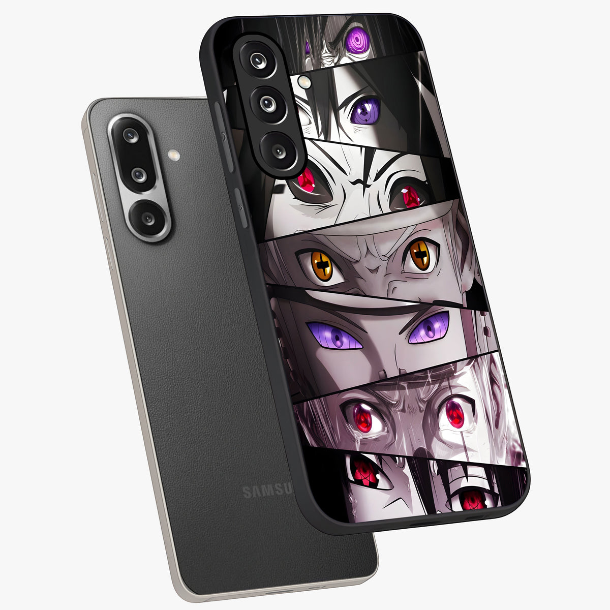 Eyes of Destiny Glass Case displayed in angled mockup highlighting bold eye illustration with mystical aesthetic style.