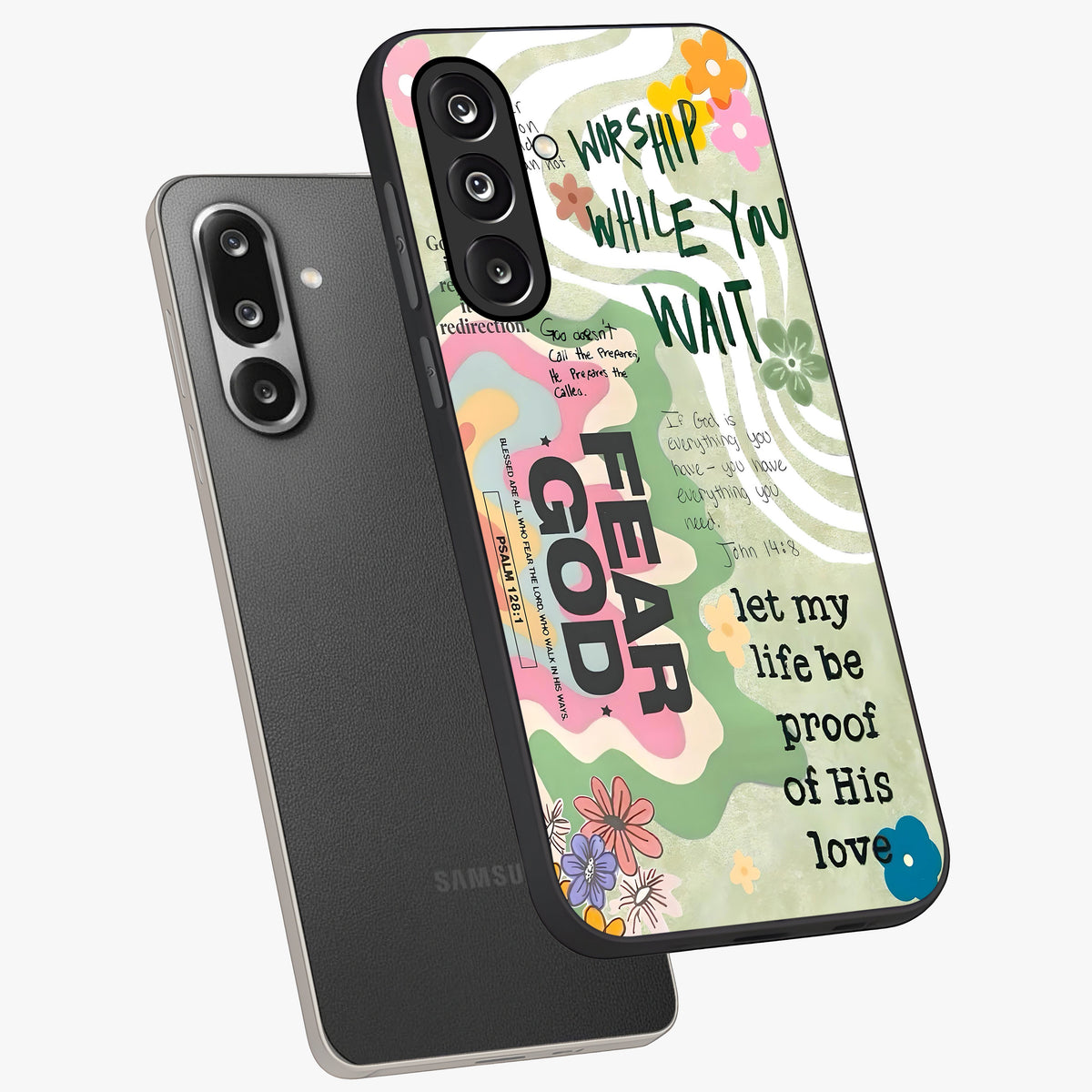 Faith Over Fear Glass Case displayed in angled mockup highlighting inspirational message design with modern aesthetic style.