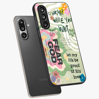 Faith Over Fear Glass Case displayed in angled mockup highlighting inspirational message design with modern aesthetic style.