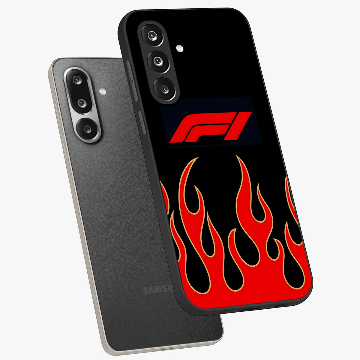 Fire F11 Glass Case displayed in angled mockup highlighting bold fire inspired graphic with energetic aesthetic style.