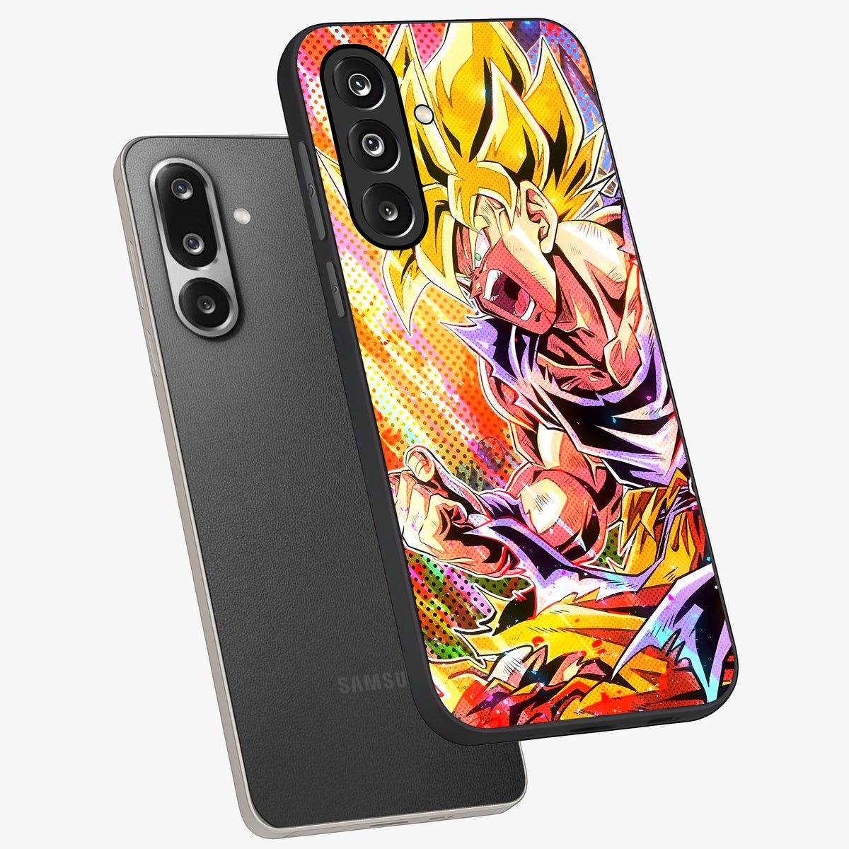 Firing Goku Glass Case displayed in angled mockup highlighting dynamic anime character design with action aesthetic.
