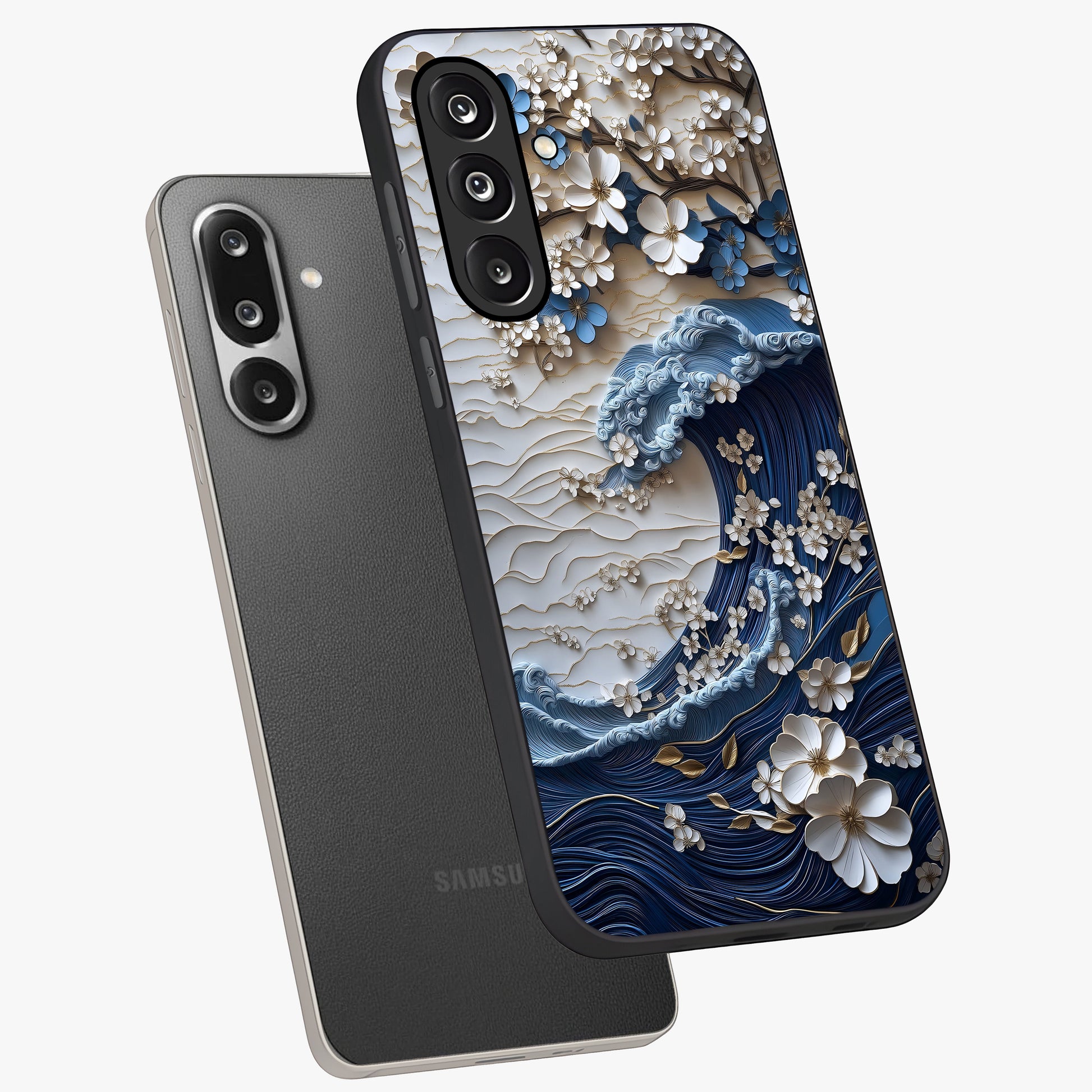 Floral Wave Origami Glass Case displayed in angled mockup highlighting geometric origami flower design with modern aesthetic style.