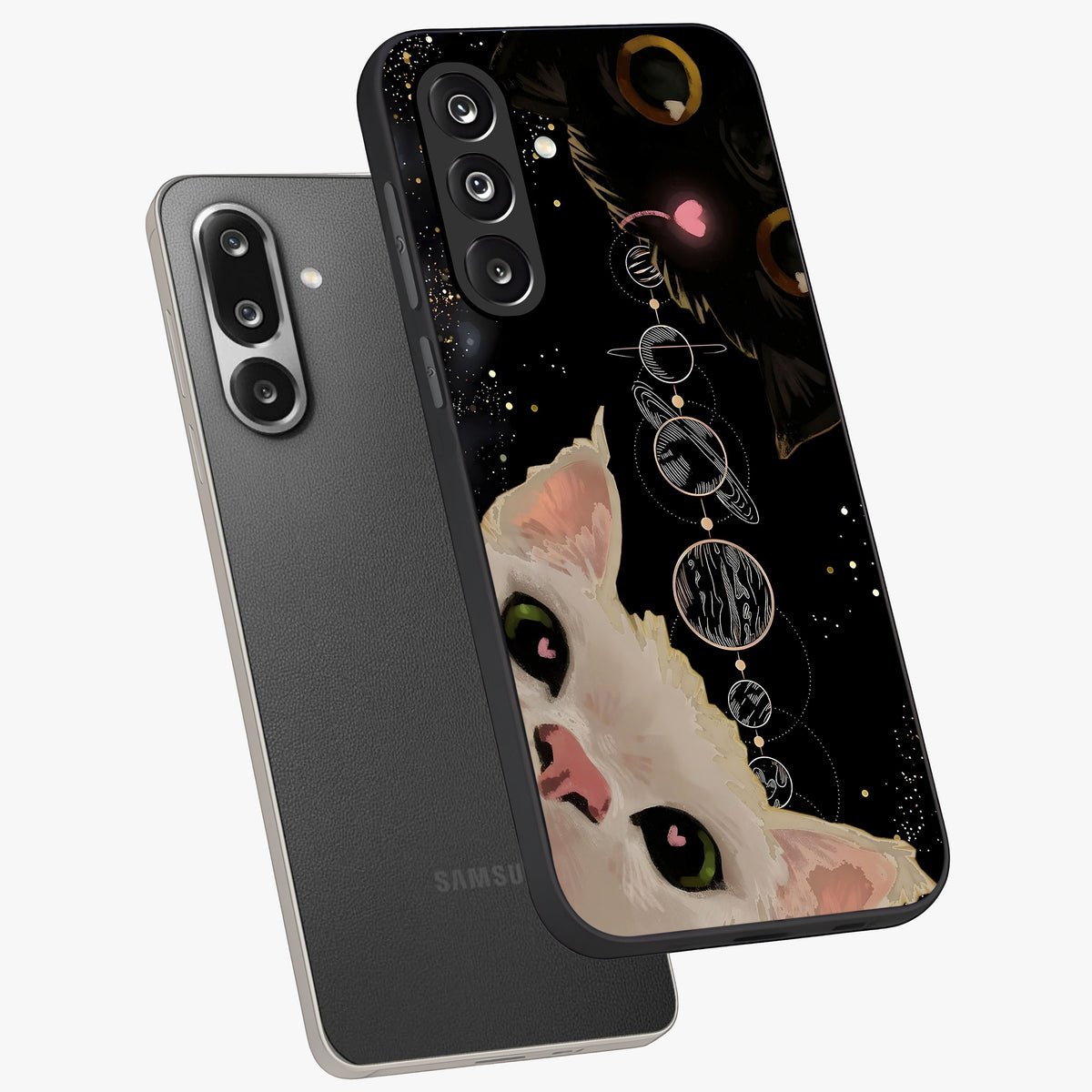 Galactic Cat Glass Case displayed in angled mockup highlighting celestial feline illustration with galaxy aesthetic style.