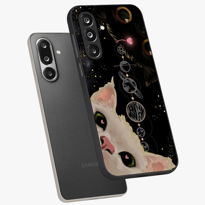 Galactic Cat Glass Case displayed in angled mockup highlighting celestial feline illustration with galaxy aesthetic style.