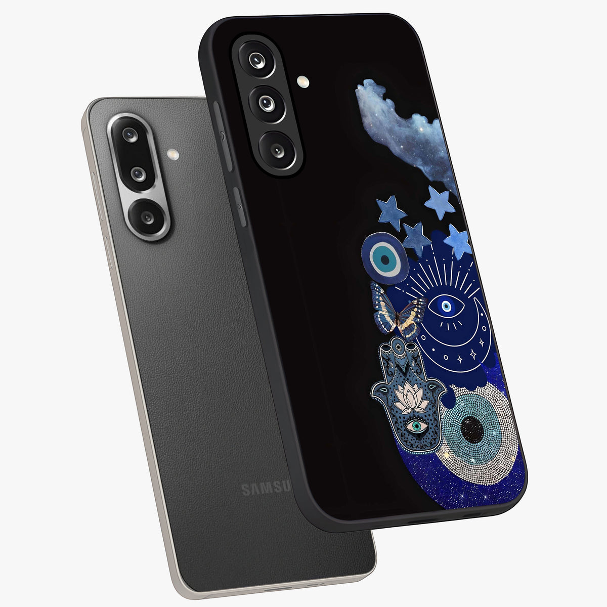 Galactic Charm Cluster Glass Case displayed in angled mockup highlighting luminous galaxy inspired design with dreamy aesthetic.