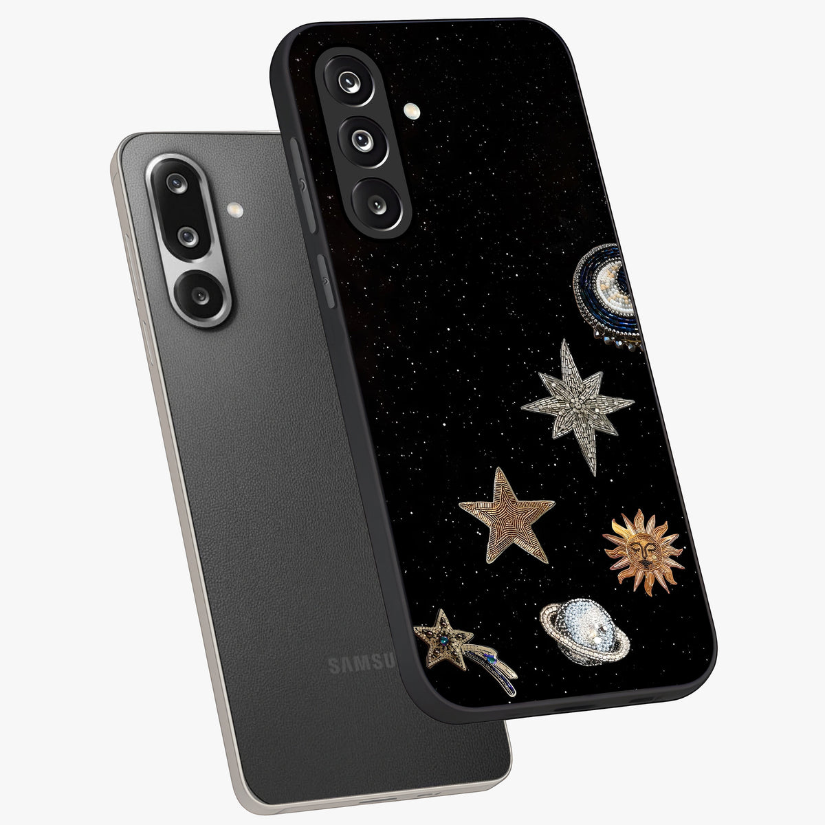 Galactic Charm Glow Glass Case displayed in angled mockup highlighting luminous galaxy inspired design with dreamy aesthetic.