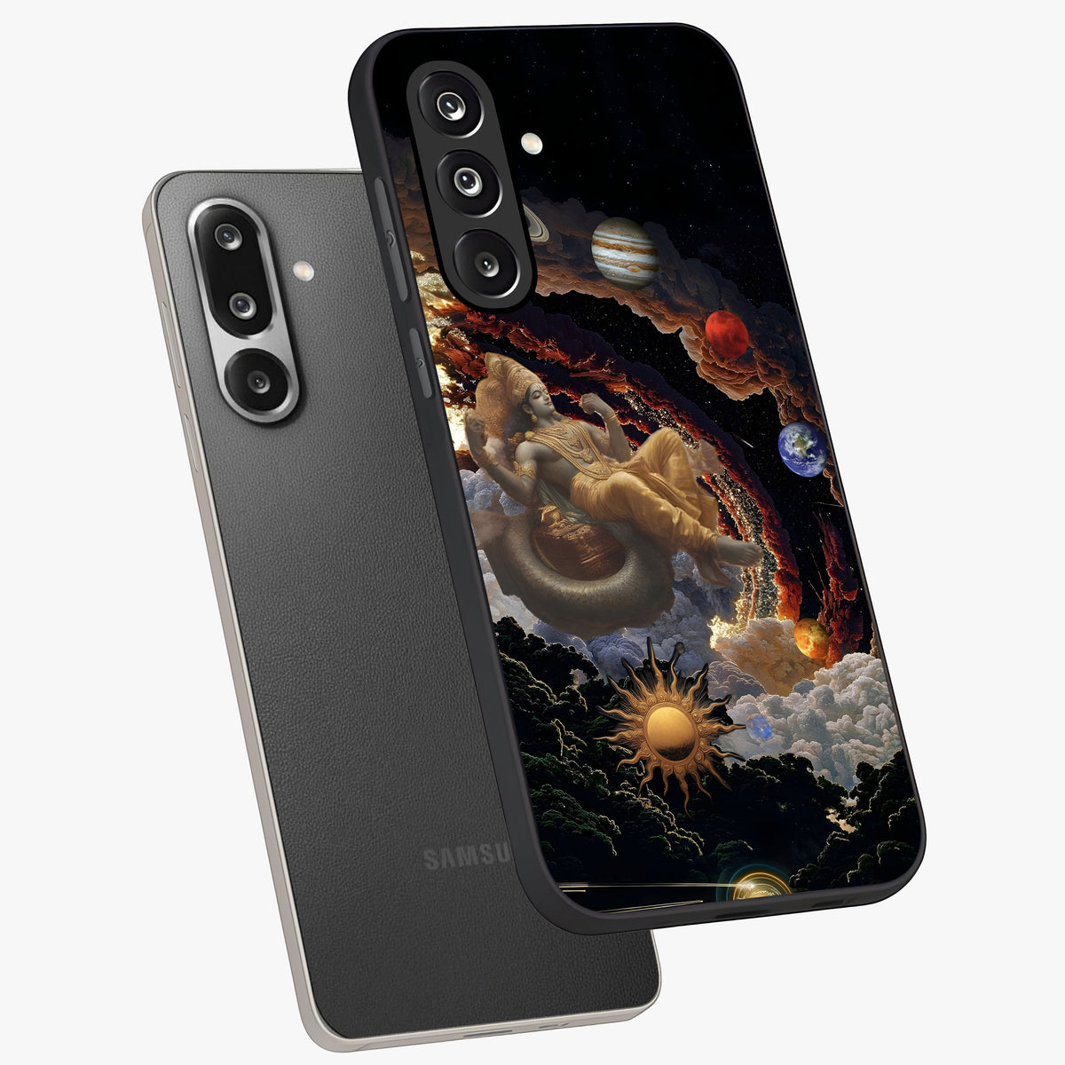 Galactic Divine God Glass Case displayed in angled mockup highlighting powerful celestial deity illustration with galactic aesthetic.