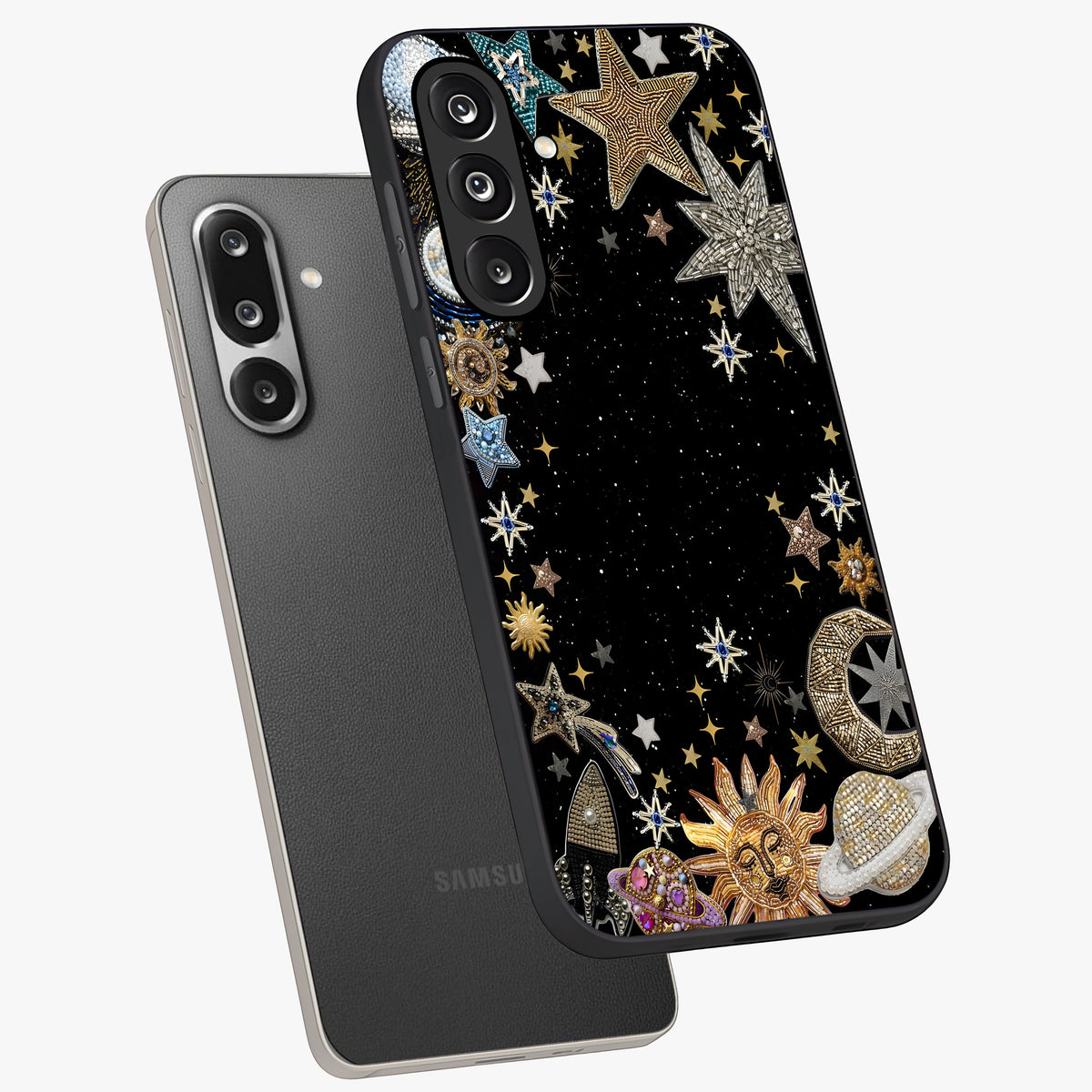 Galactic Jewel Stars Glass Case displayed in angled mockup highlighting shining celestial star design with cosmic aesthetic style.
