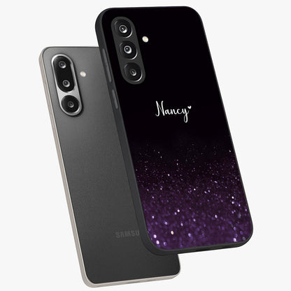 Glittery Purple Bokeh Custom Name Glass Case displayed in angled mockup highlighting glitter bokeh pattern with custom name feature.