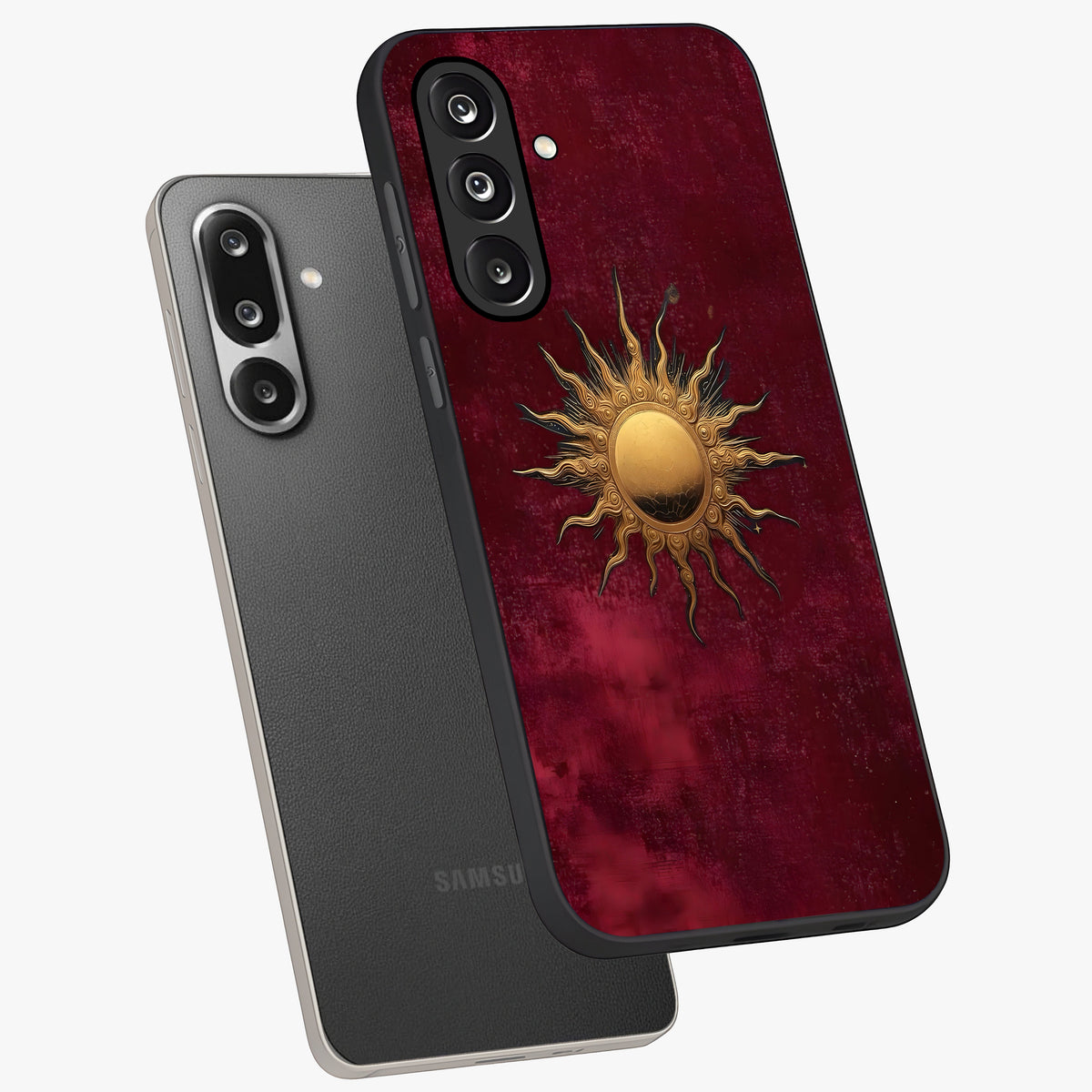 Golden Sun Minimalism Glass Case displayed in angled mockup highlighting clean sun symbol design with modern minimal aesthetic.