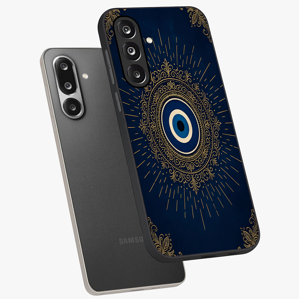 Golden Celestial Charm Glass Case displayed in angled mockup highlighting sparkling cosmic charm design with celestial aesthetic.