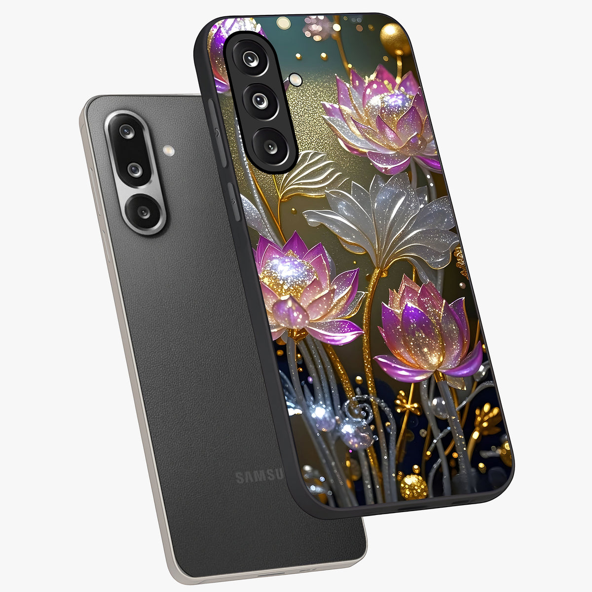 Golden Floral Majesty Glass Case displayed in angled mockup highlighting elegant flower design with royal golden aesthetic.