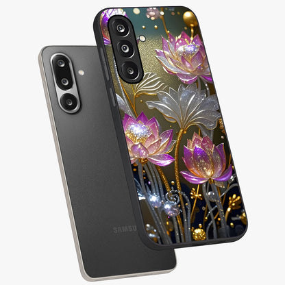 Golden Floral Majesty Glass Case displayed in angled mockup highlighting elegant flower design with royal golden aesthetic.