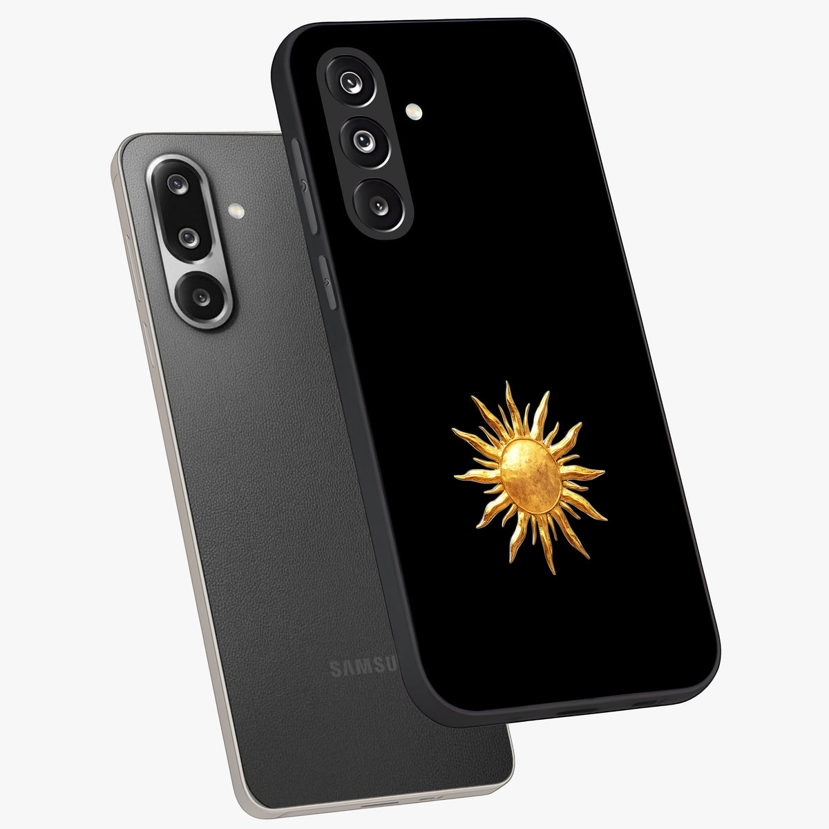 Golden Sun Minimalism Glass Case displayed in angled mockup highlighting eerie shadow illustration with gothic aesthetic.