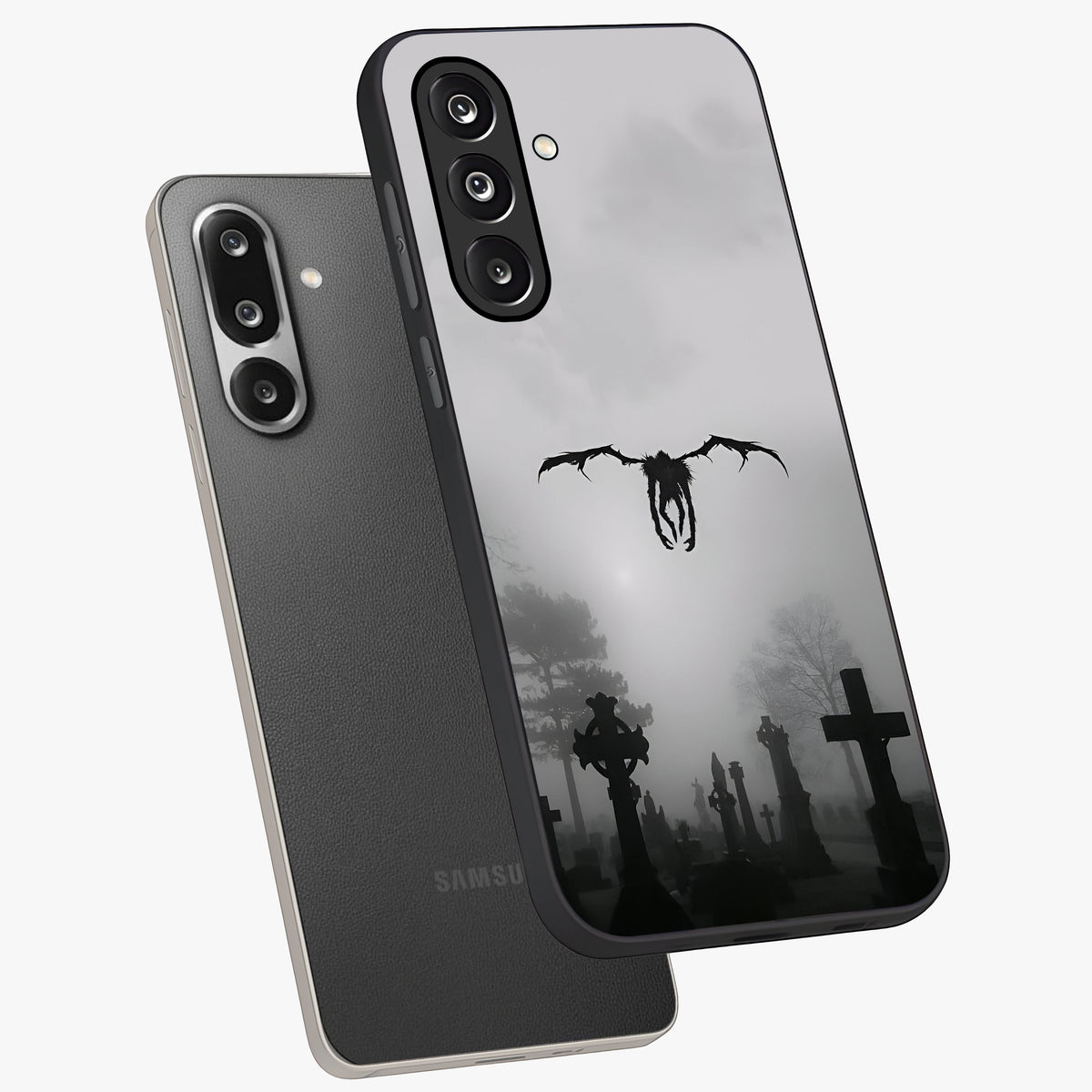 Graveyard Shadow Descent Glass Case displayed in angled mockup highlighting eerie shadow illustration with gothic aesthetic.
