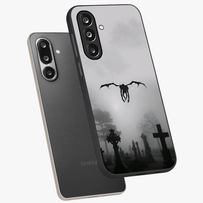 Graveyard Shadow Descent Glass Case displayed in angled mockup highlighting eerie shadow illustration with gothic aesthetic.