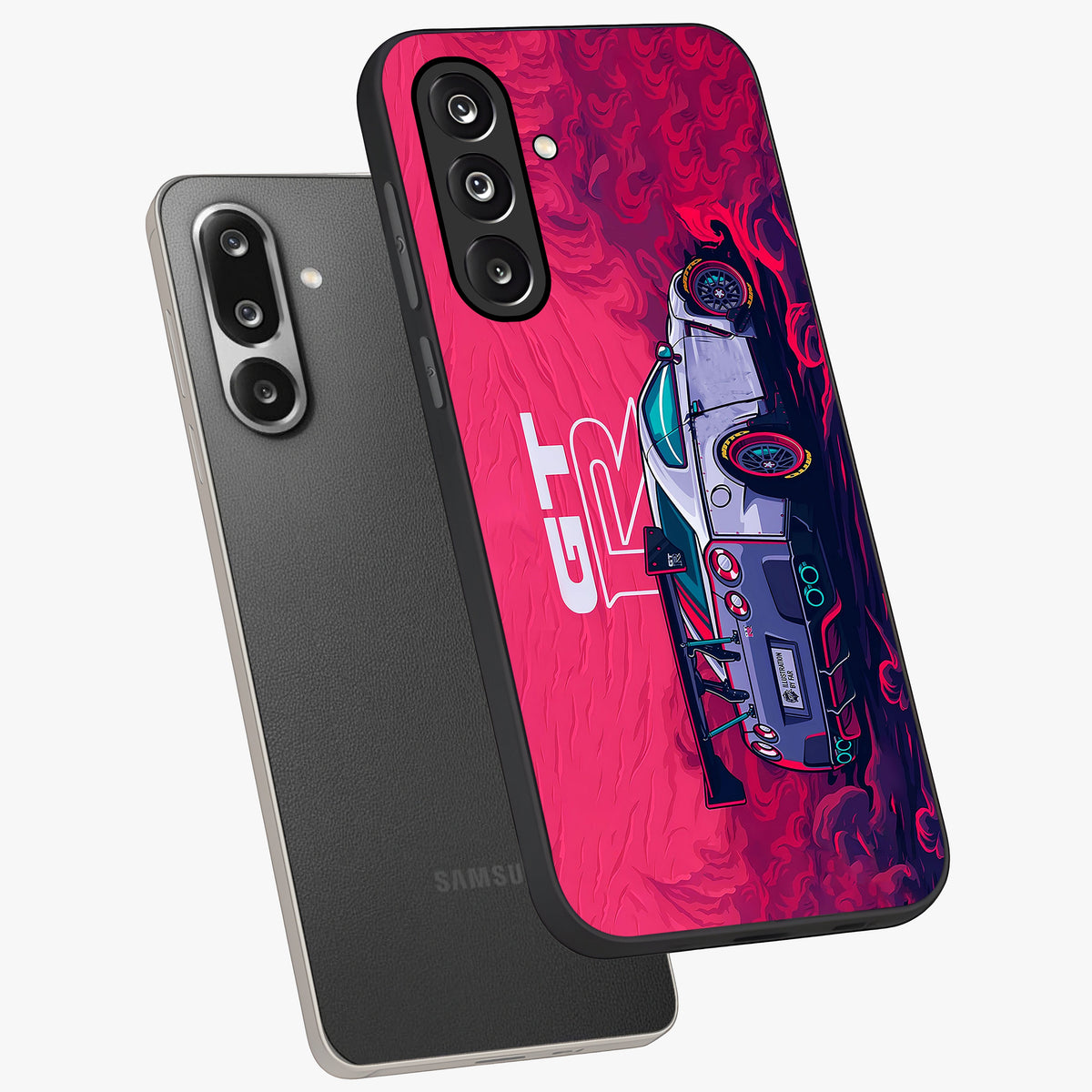 GT-R Car Pattern Glass Case displayed in angled mockup highlighting racing car graphic design with bold automotive aesthetic.