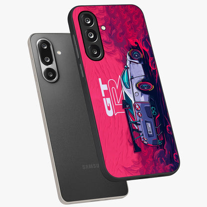 GT-R Car Pattern Glass Case displayed in angled mockup highlighting racing car graphic design with bold automotive aesthetic.