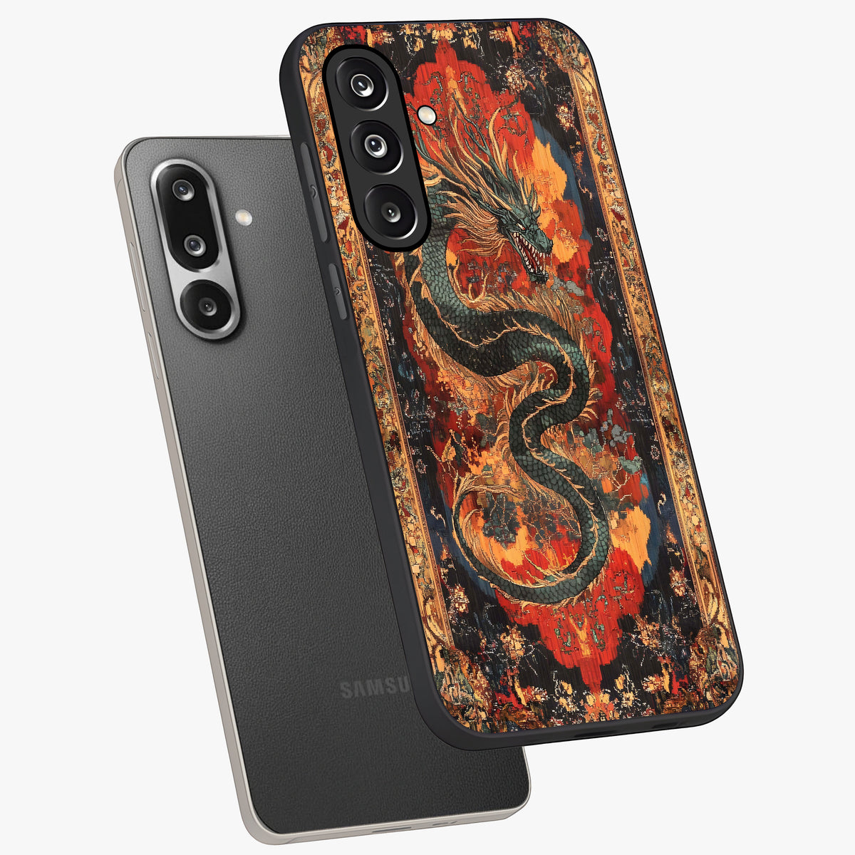 Inferno Dragon Soul Glass Case displayed in angled mockup highlighting powerful dragon illustration with inferno aesthetic.