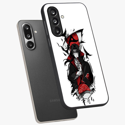 Itachi Limited Edition Naruto Anime Glass Case displayed in angled mockup highlighting dramatic anime illustration with bold action aesthetic.