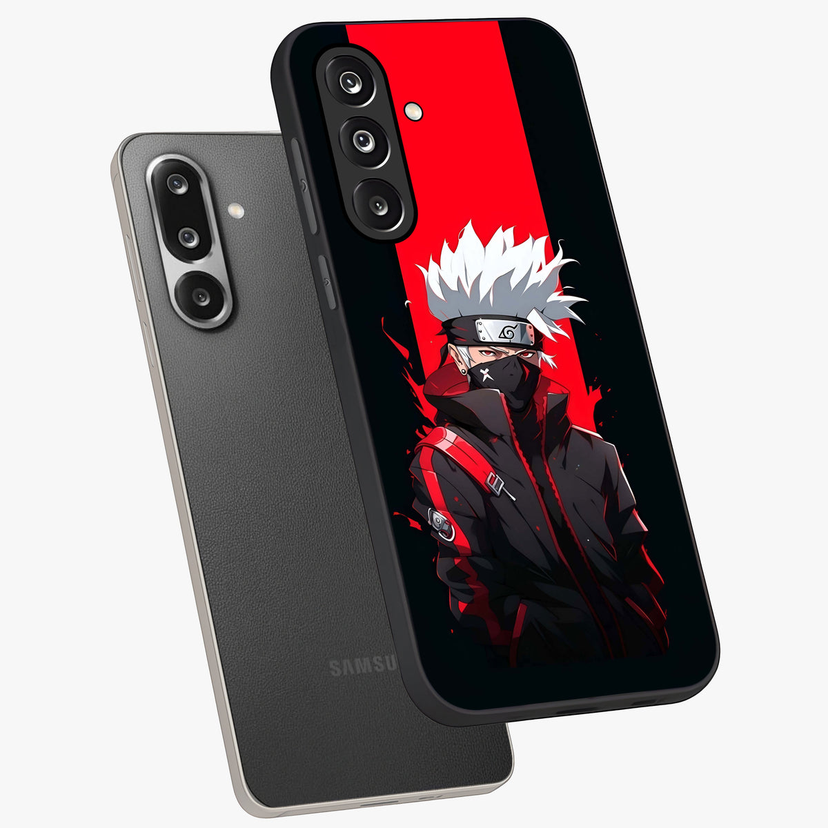 Kakashi Scarlet Shadow Glass Case displayed in angled mockup highlighting dramatic ninja illustration with scarlet themed aesthetic.