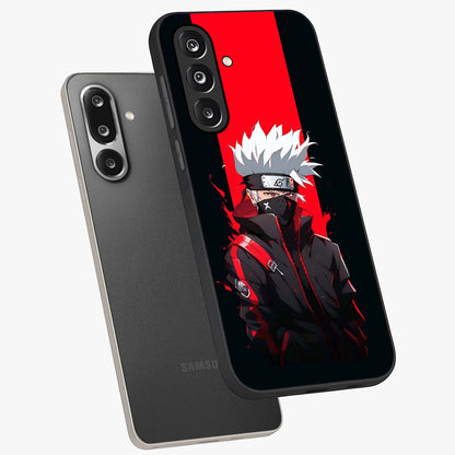Kakashi Scarlet Shadow Glass Case displayed in angled mockup highlighting dramatic ninja illustration with scarlet themed aesthetic.