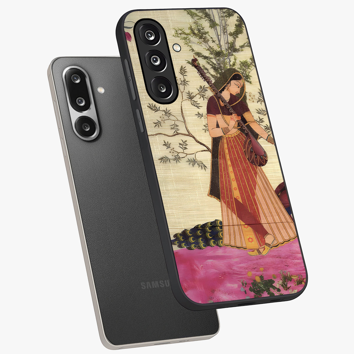 Lady With Veena Art Glass Case displayed in angled mockup highlighting graceful musical illustration with cultural artistic aesthetic.