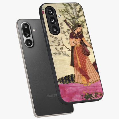 Lady With Veena Art Glass Case displayed in angled mockup highlighting graceful musical illustration with cultural artistic aesthetic.